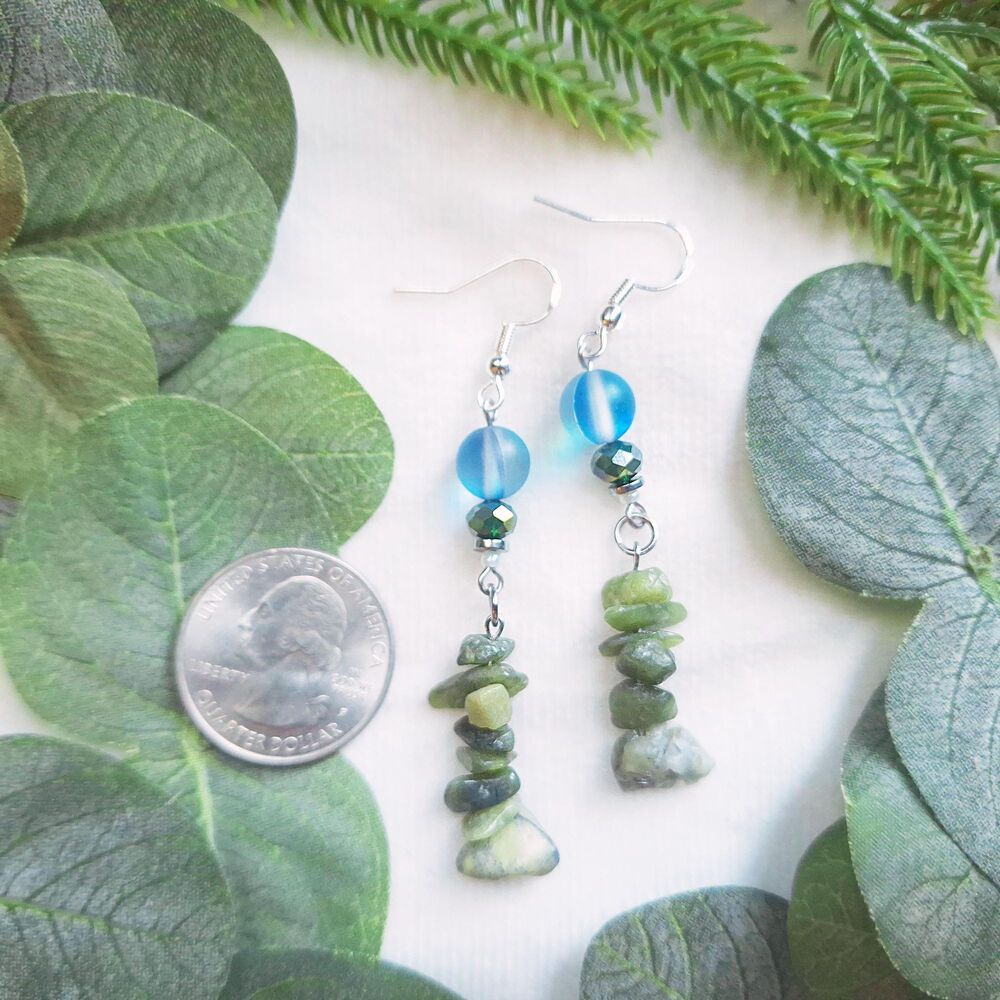 Aqua Blue Glass & Green Serpentine Dangle Earrings - Picture 5 of 13
